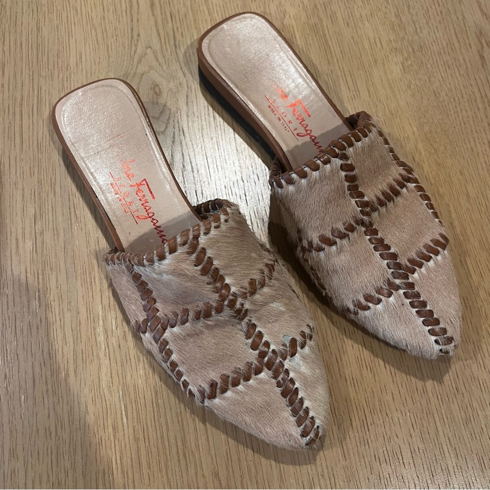 Salvatore Ferragamo Suede Cow Hair Mule Slip ons